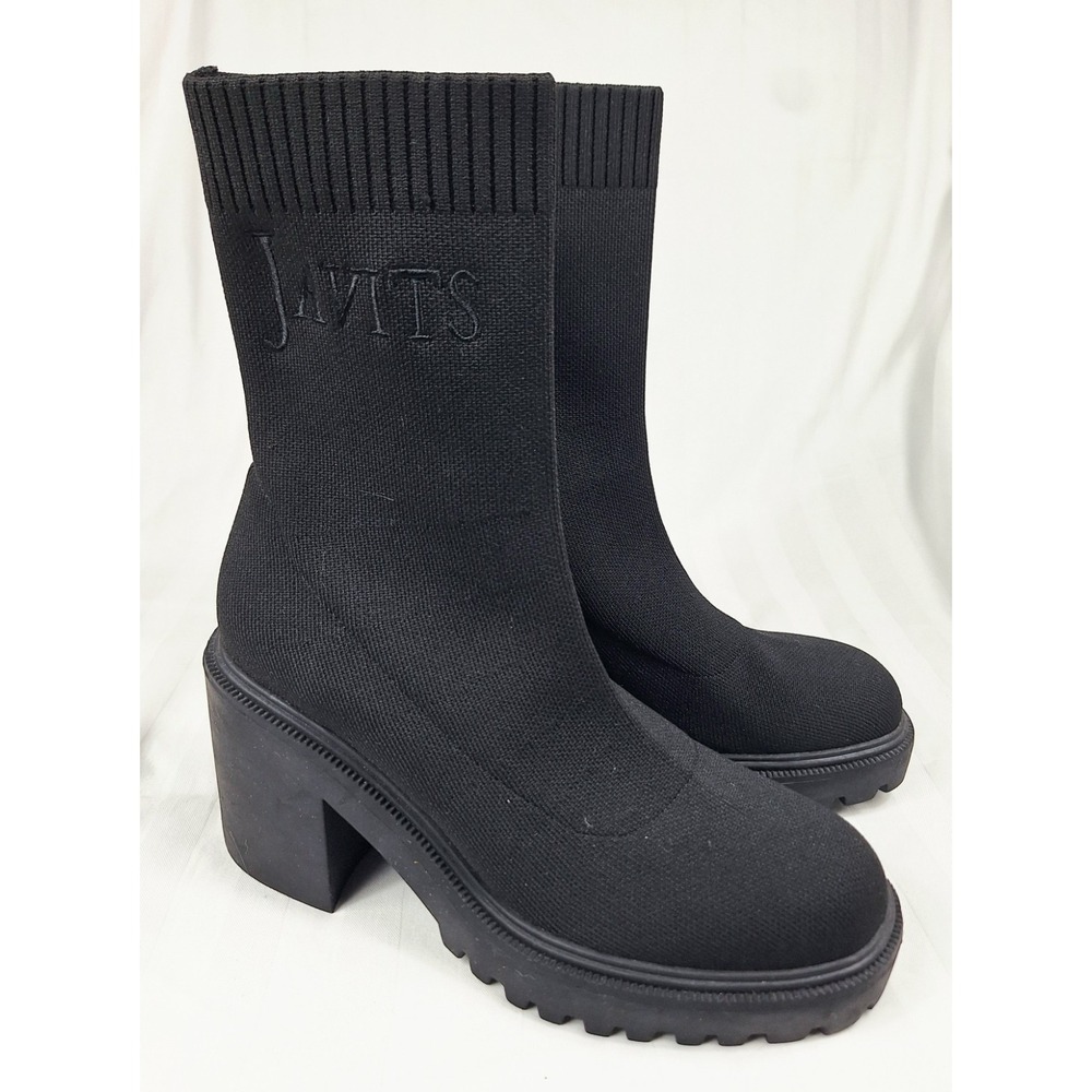 JAVITS Black Sock Boots Chunky‎ Heel Platform Lug Sole Women's Size 7.5